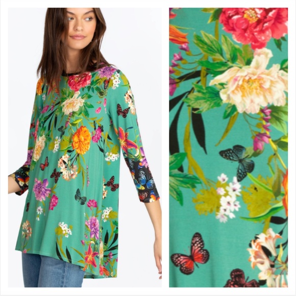 Johnny Was colorful knit Panya Swing Tunic top flowers butterflies 3/4 sleeves - Picture 2 of 5